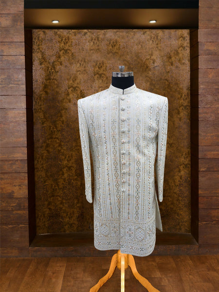 Chic White Silk Sherwani with Mirror Work and Resham Embroidery