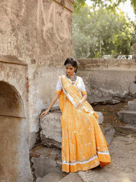 Yellow Mul Shibori Chaniya Choli with Hand-Embroidered Mirror Work