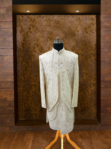 Timeless White Silk Sherwani with Churidar and Detailed Embroidery