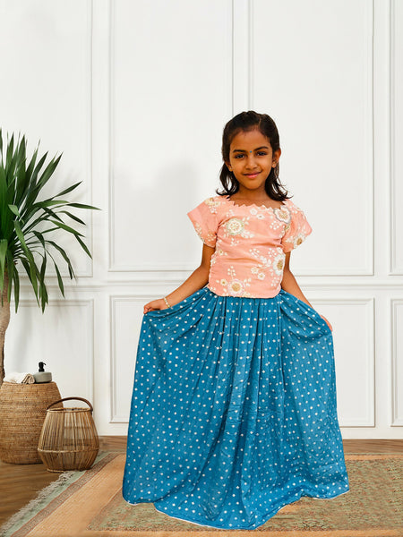 Blue and Peach Georgette Top and Skirt with Thread and Zari Work