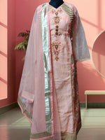 Peachy Elegance Embroidered Raw Silk Kurta and Pant Set with Dupatta