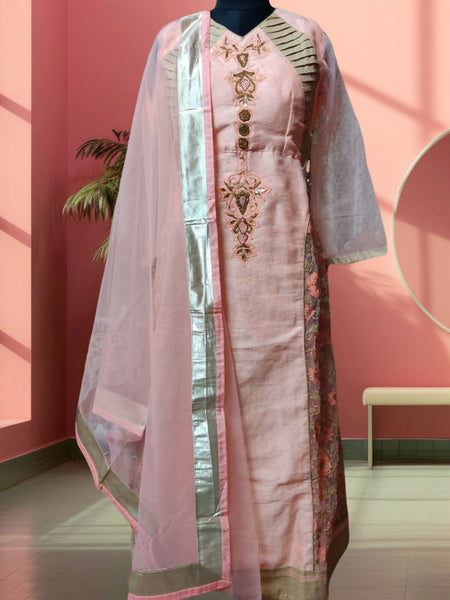 Peachy Elegance Embroidered Raw Silk Kurta and Pant Set with Dupatta