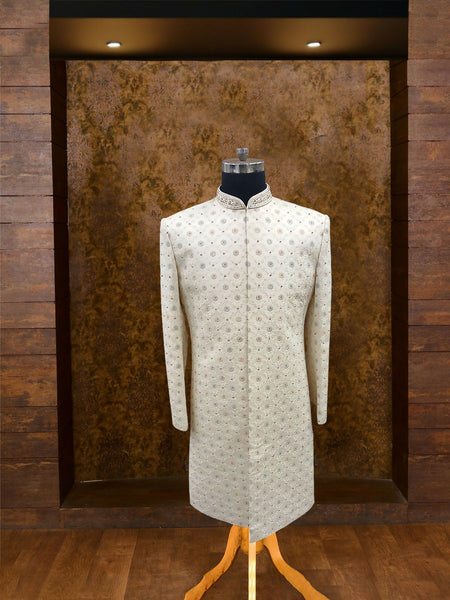 Sophisticated White Silk Sherwani with Jardoshi and Moti Embroidery