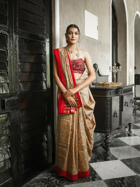 Scarlet Heart Touch Foliage Tussar Silk Saree