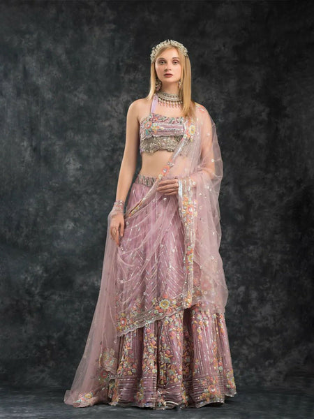 Lavender Lehenga Choli With Multi Color Embroidery & Dupatta