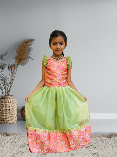 Vibrant Apple Green & Orange Banarasi Silk Lehenga Choli