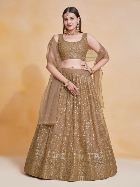 Brown Net Lehenga with Zari & Sequence