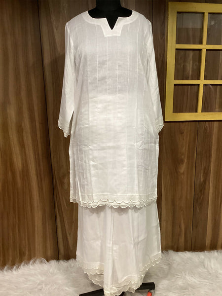 White Mul Sewing Ribbon Lace Kurta Palazzo