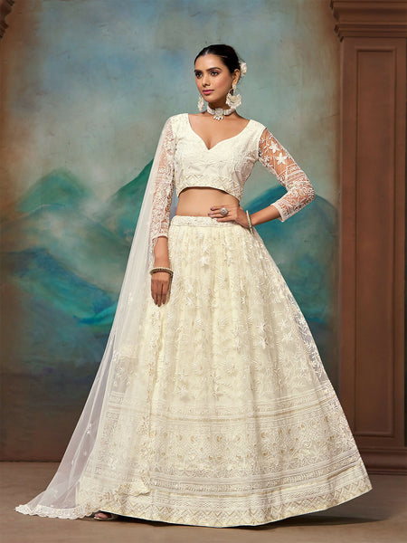 Elegant White Embroidered Net Lehenga Choli