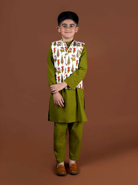 Olive Green Nehru jacket-Kurta Set