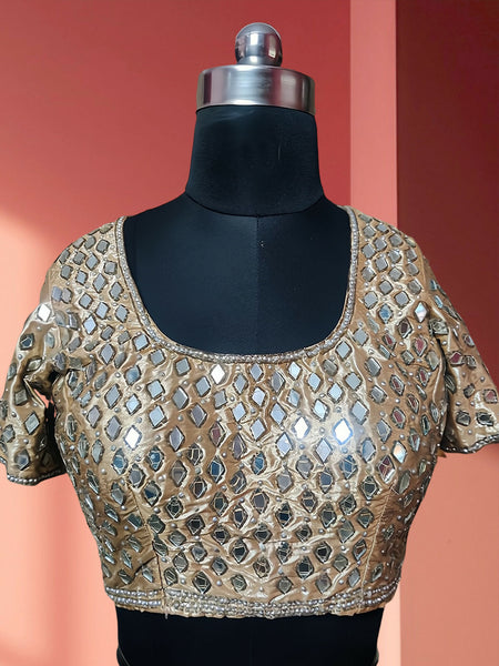 Golden Shimmer Square Neck Blouse with Mirror Work & Side Chain