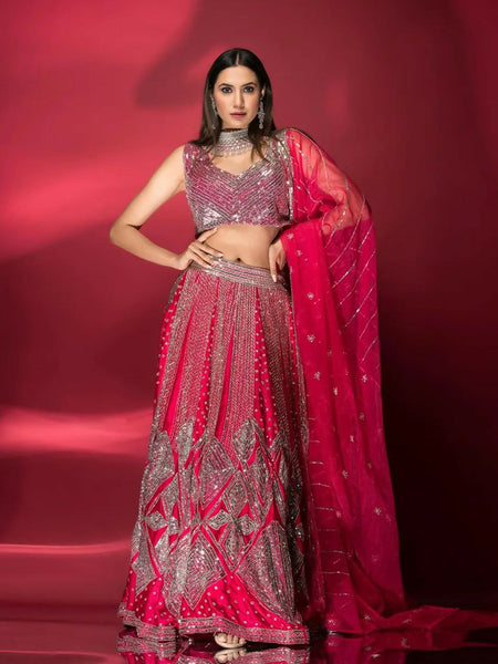 Hot Pink Raw Silk Lehenga Choli