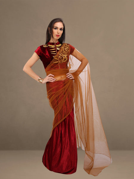 Regal Elegance: Designer Velvet & Net Saree with Hand-Embroidered Blouse