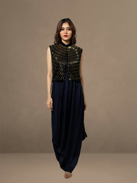 Regal Navy: Velvet Queen Anne Dress & Hand-Embroidered Stand Collar Jacket