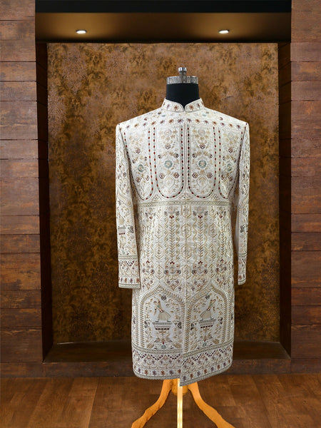 Elegant Off White Silk Sherwani with Embroidery and Sequence Detail