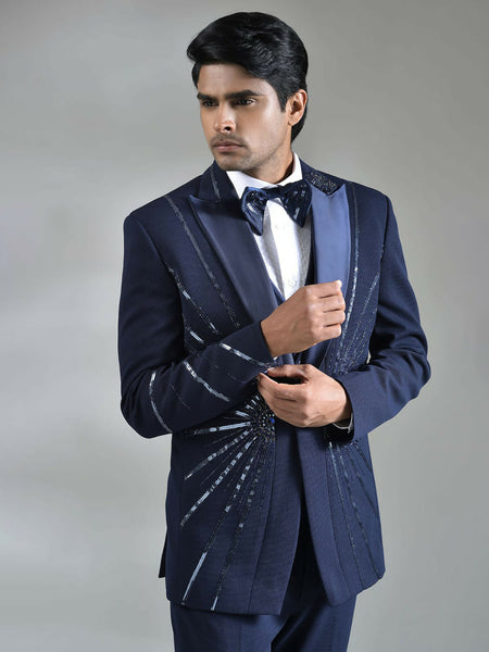 Navy Blue Satin & Italian: Slim Fit 5 Piece Suit with Cutdana & Sequins