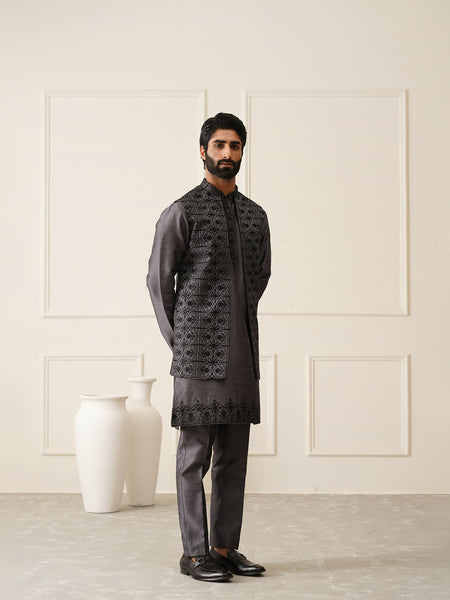 Grey Embroidered Kurta with Pyjamas and Waistcoat
