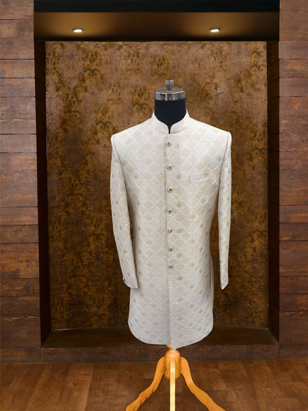 Beige Silk Sherwani with Resham Work and Designer Buttons