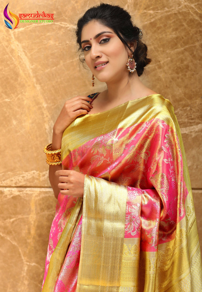 Sleeveless Blouse & Kanchivaram Bridal Tissue Silk Saree - PINK SAREE GOLD BORDER - WOMEN | DESIGNDUALITY